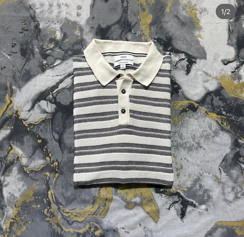 Textured Grained Knitted Multi Striped Polo