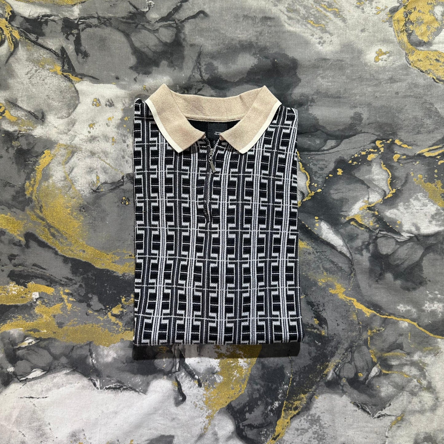 Black Patterned Zipper Polo