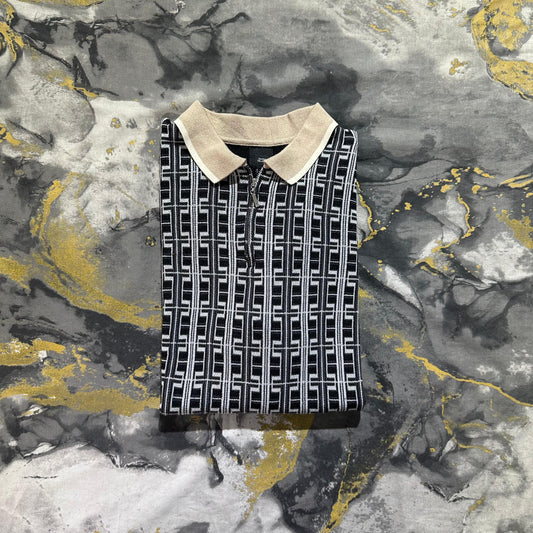 Black Patterned Zipper Polo