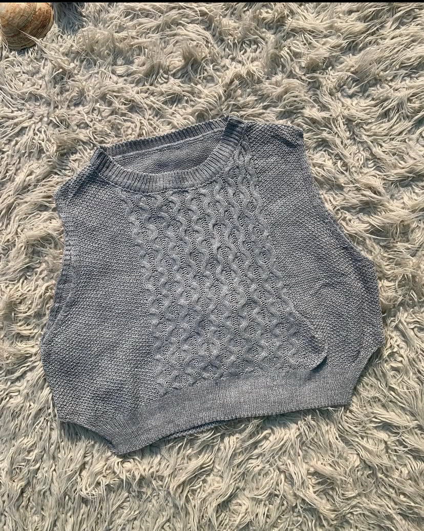 Grey Cable-Knit Sleeveless Sweater