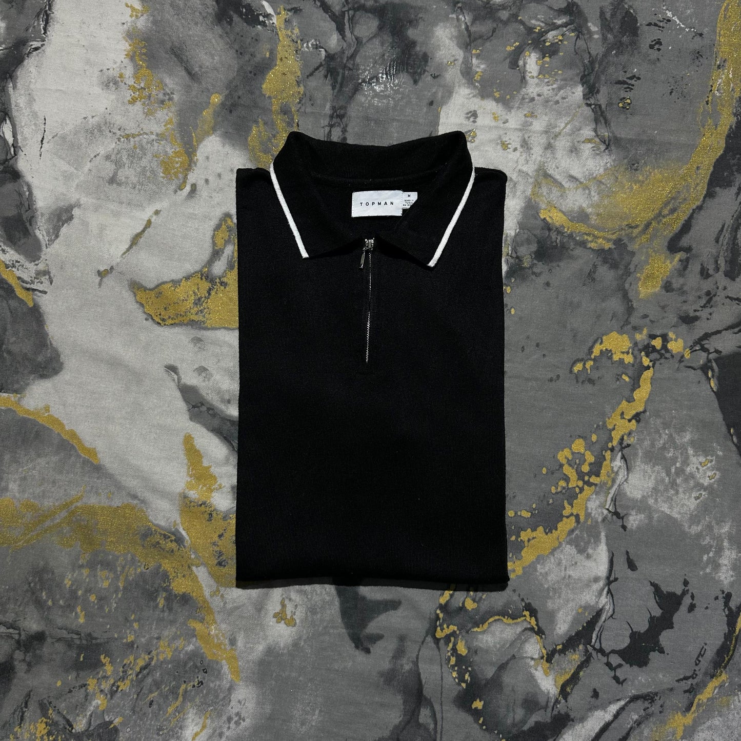 Topman Jet Black Silk Cotton Zipper Polo