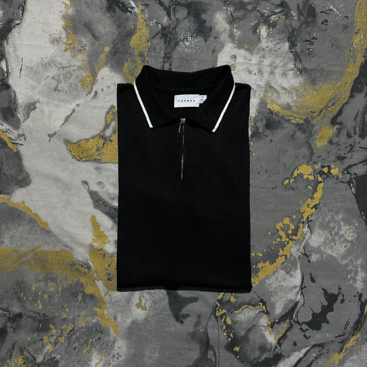 Topman Jet Black Silk Cotton Zipper Polo