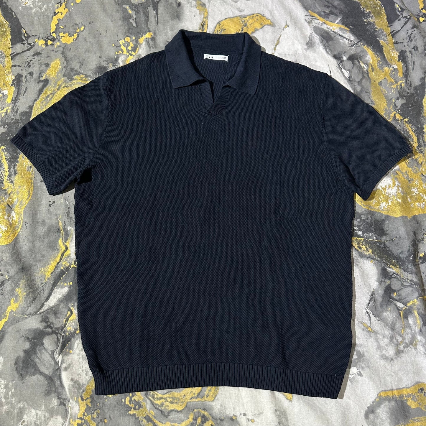 Zara Dark Blue Waffle Knit Busan Collar Polo