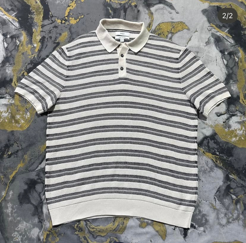 Textured Grained Knitted Multi Striped Polo