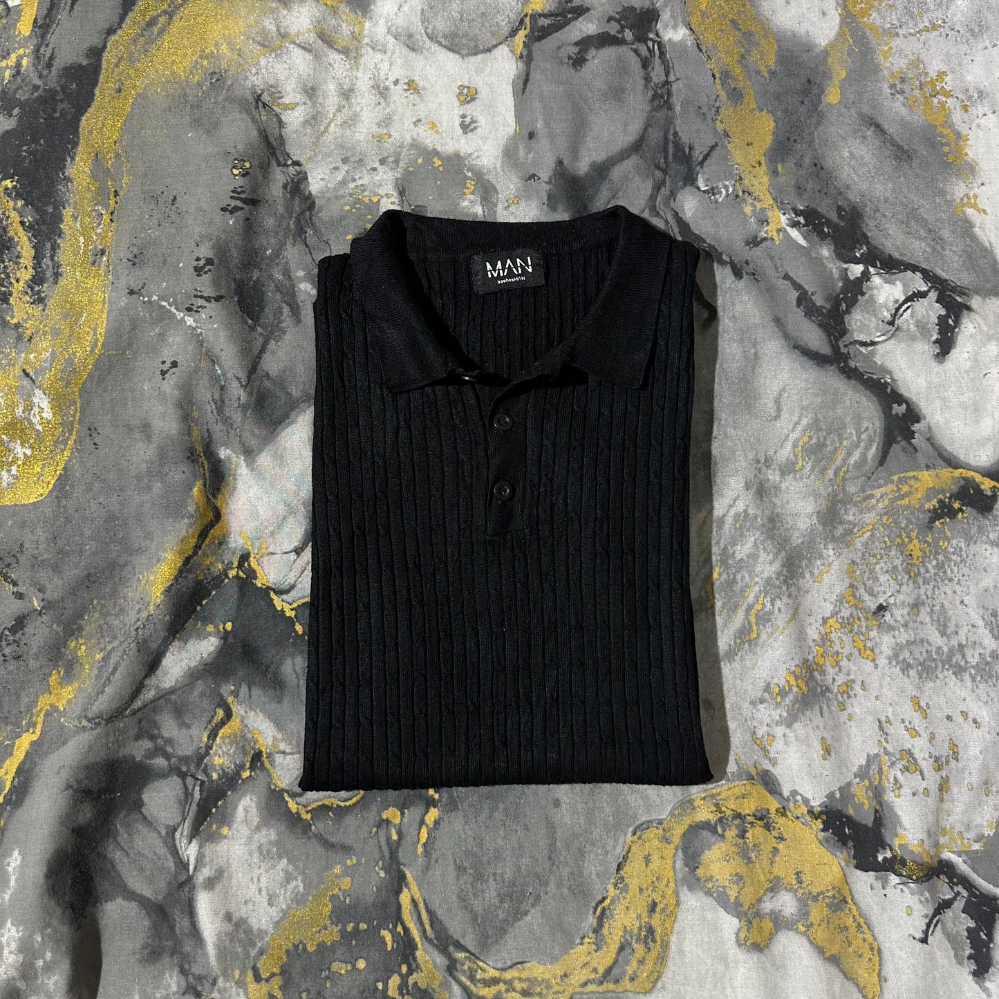 Dark Black Cable Knit Slimfit Polo