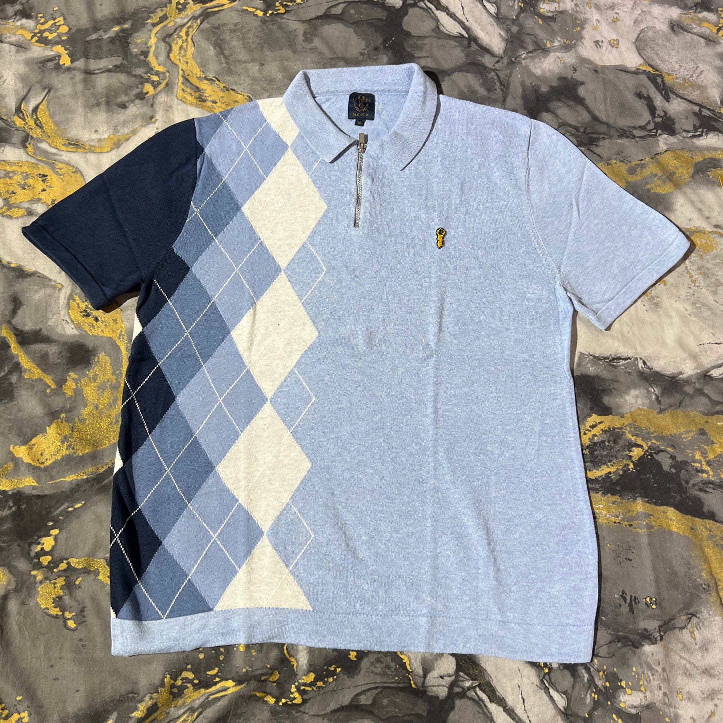Sky Blue Knit Pattern Zipper Knit Polo