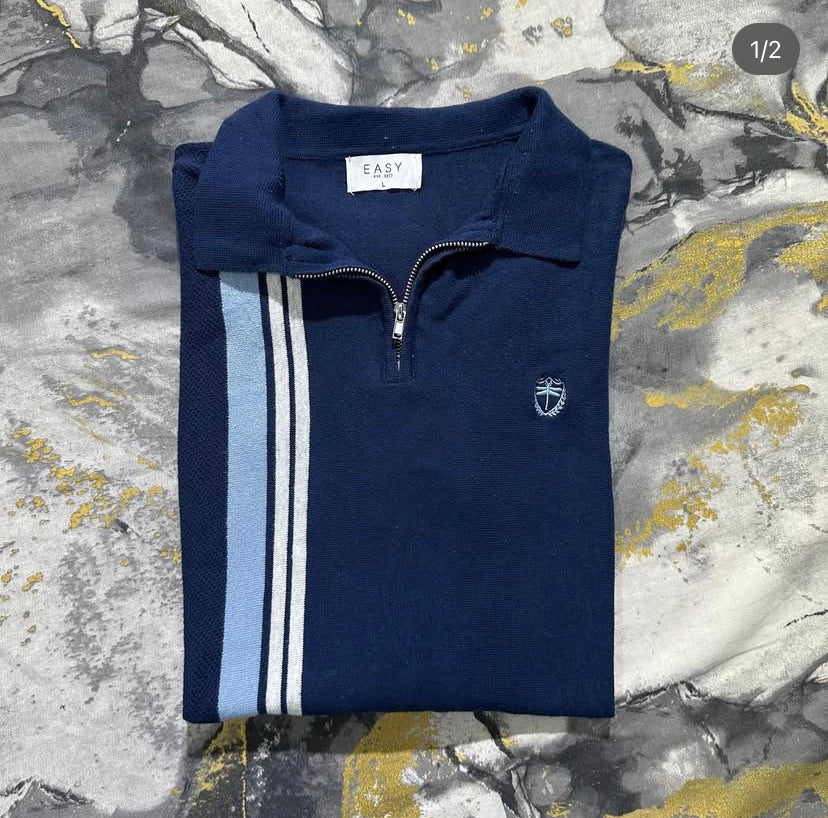 Two Tones Blue Striped Zipper Polo