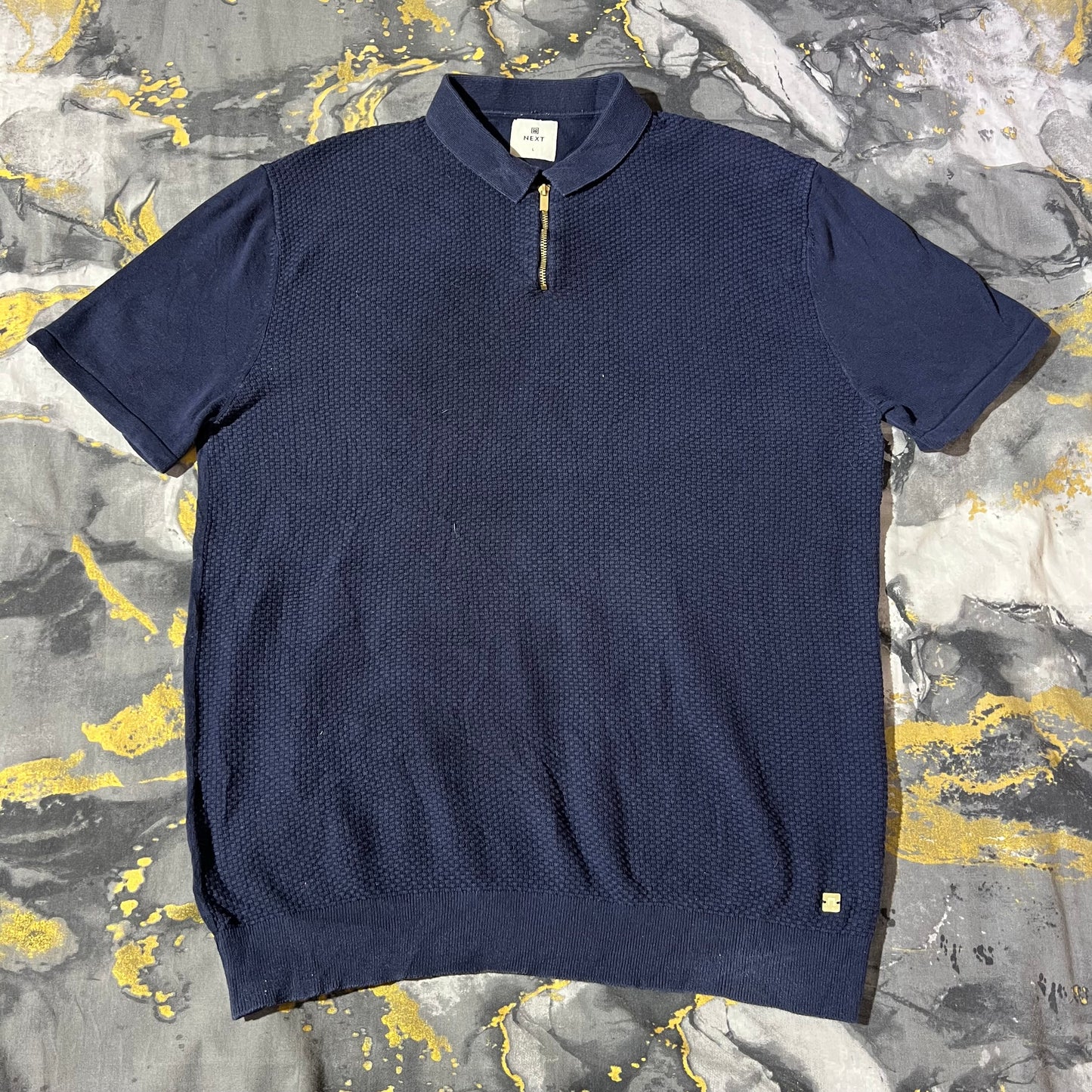 Dark Blue Waffle Knit Zipper Polo