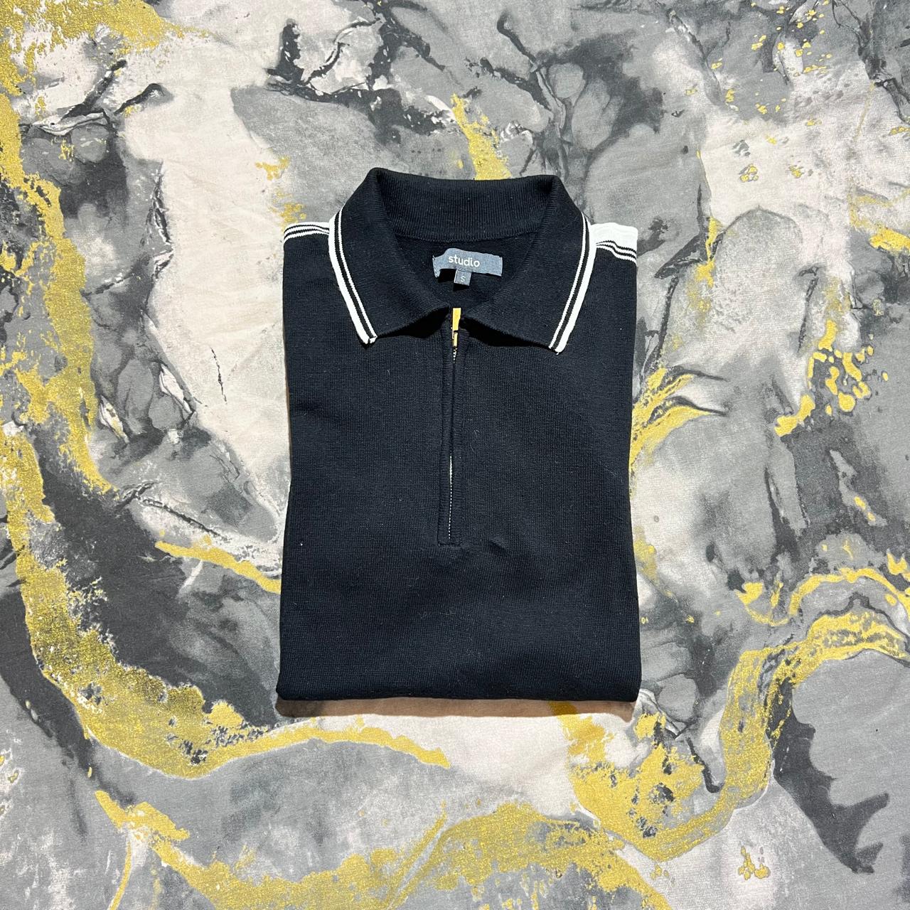 Black with White Striped Cotton Zipper Polo