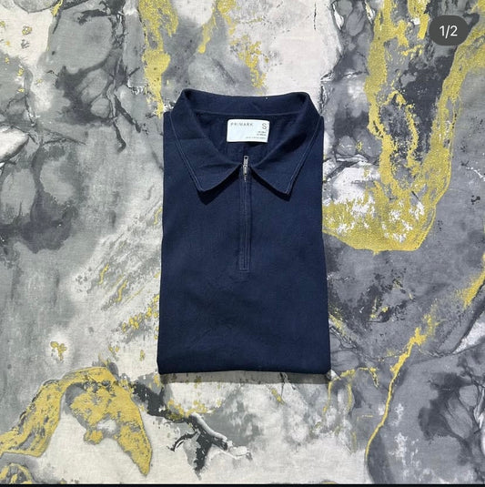 Primark Navy-Blue Half Cotton Zipper Polo