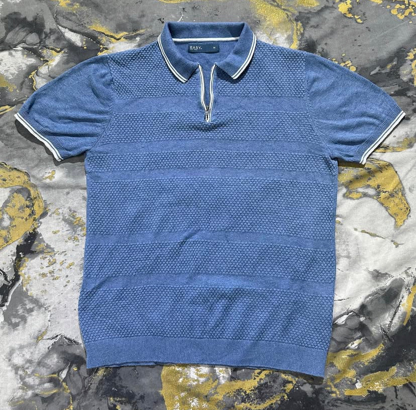 Light Blue Textured Patterned Cotton Zipper Polo