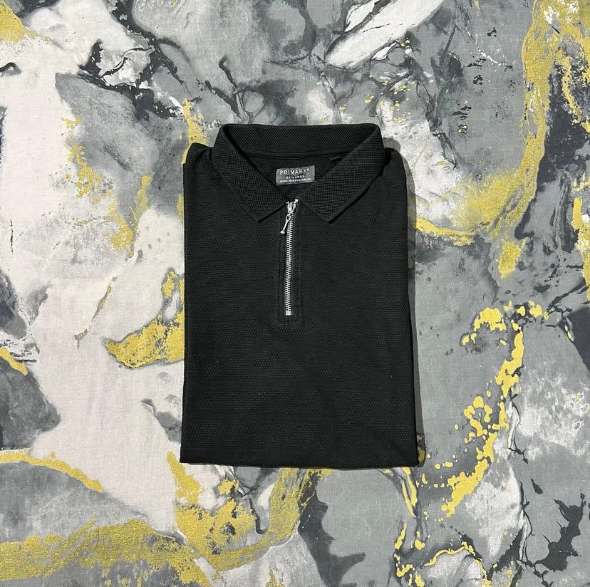 Jet Black Waffle Textured Knitted Half Polo Zipper
