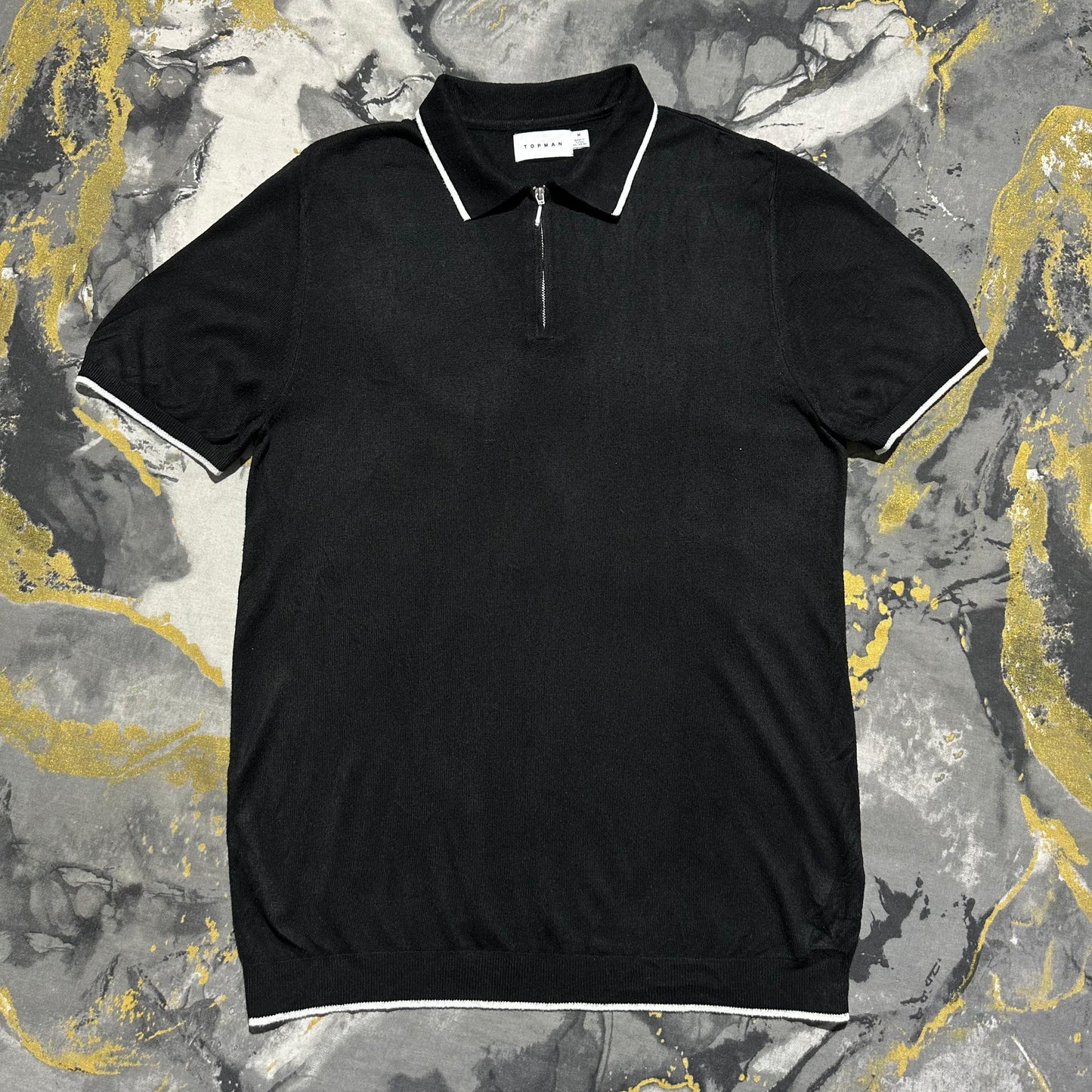 Topman Jet Black Silk Cotton Zipper Polo
