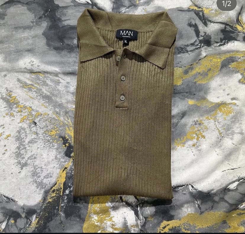 Olive Stripped Patterened Knitted Polo