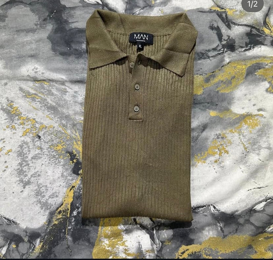 Olive Stripped Patterened Knitted Polo