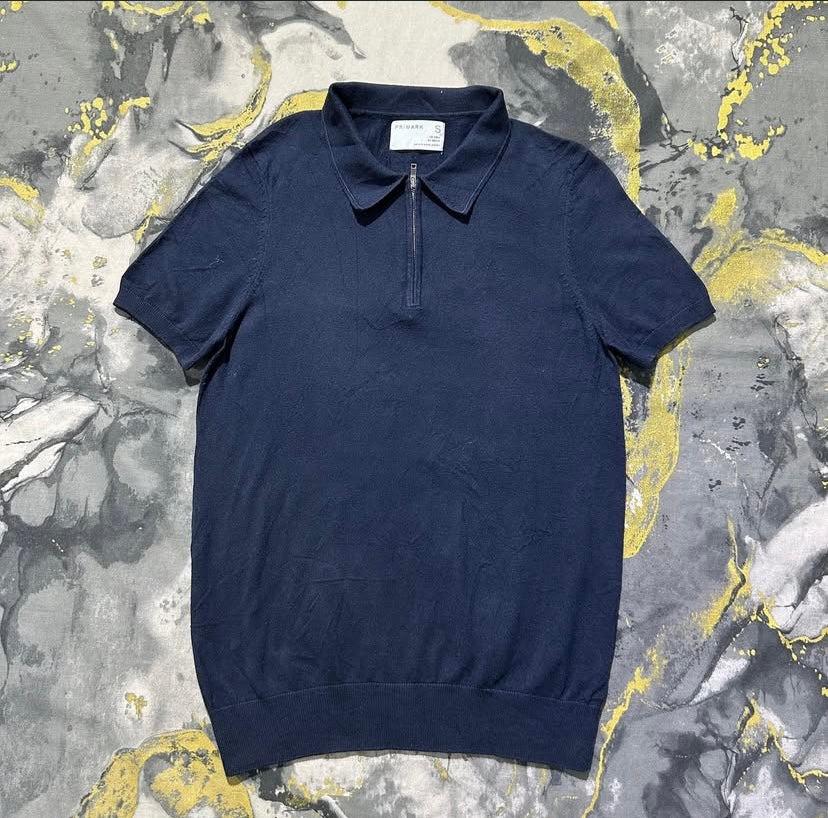 Primark Navy-Blue Half Cotton Zipper Polo