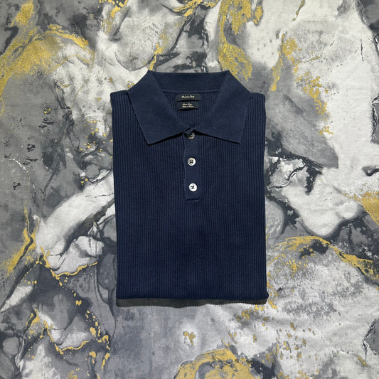 Massimo Dutti Cotton Linen Dark Blue Ribbed Knit Polo