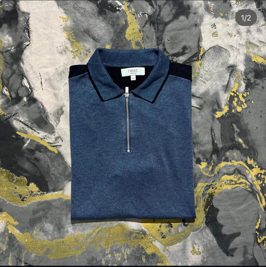 Blue Two Toned Soft Zipper Knitted Polo
