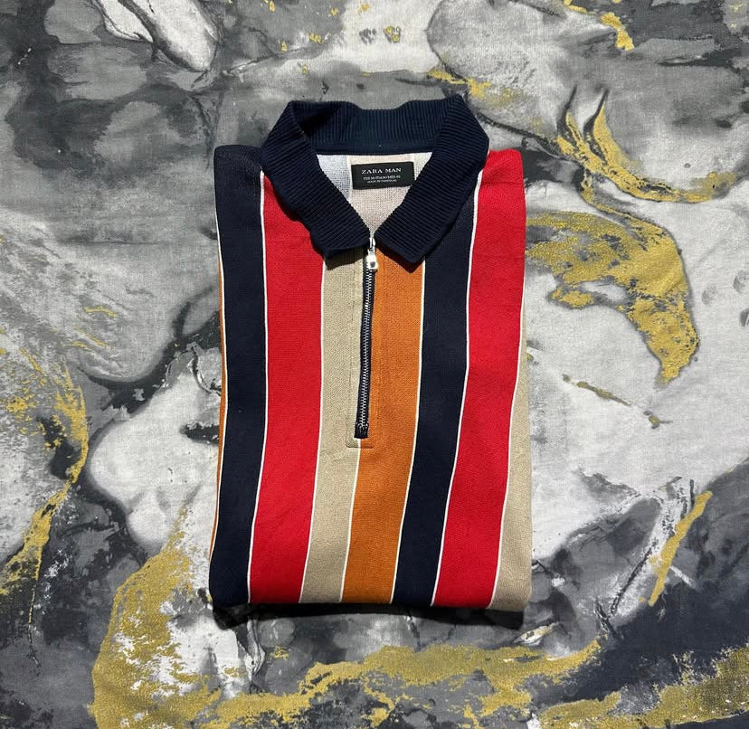 Multi-Striped Plain Cotton Zipper Polo