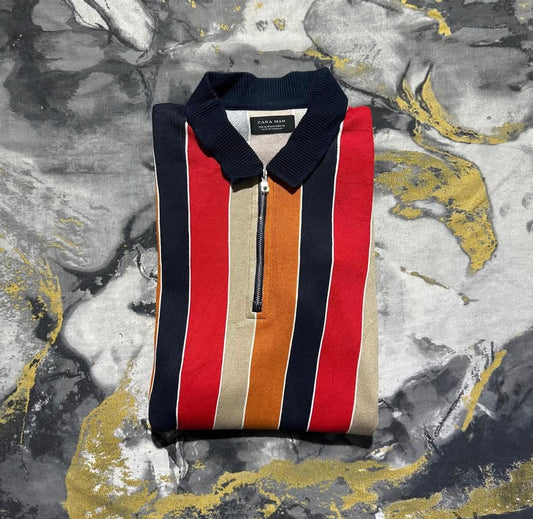 Multi-Striped Plain Cotton Zipper Polo