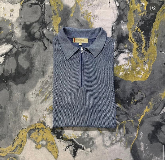 Greyish-Blue Half Zipper Silk Cotton Knitted Zipper Polo