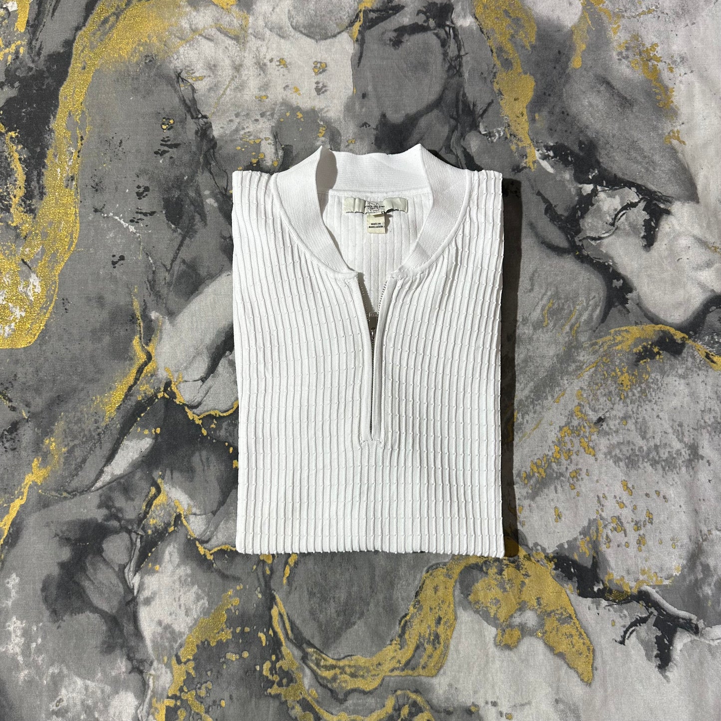 White Textured Stripes Knitted Zipper Polo