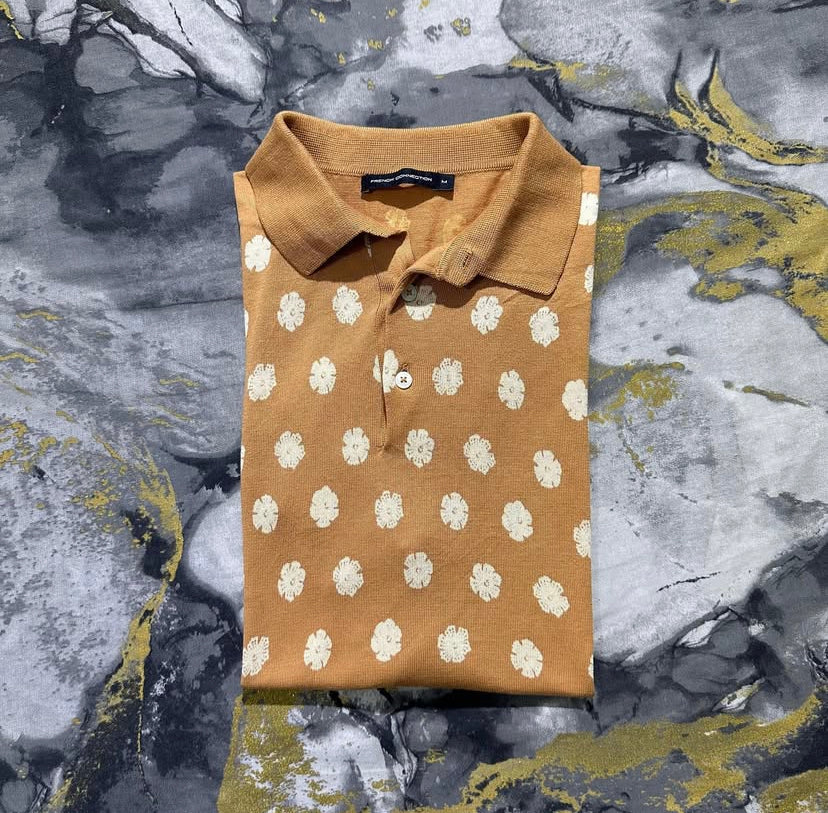 Soft Pastel Orange Floral Patterned Knit Polo