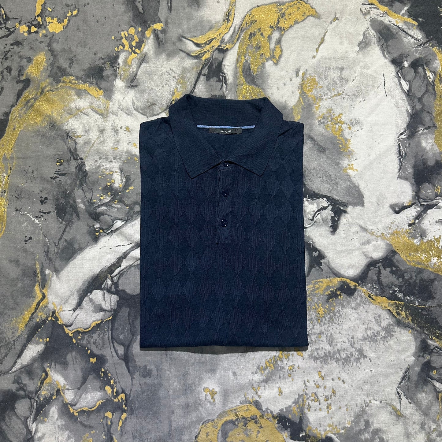 Dark Blue Luxury Silk Cotton Geometrical Pattern Knitted Polo