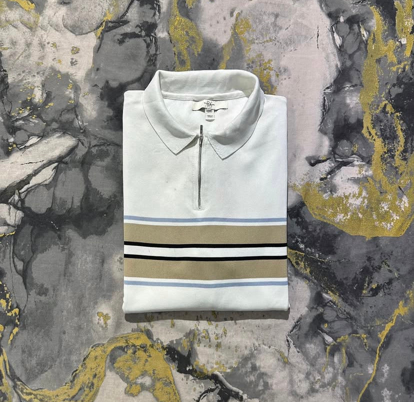 White with Beige Stripes Knitted Zipper Polo
