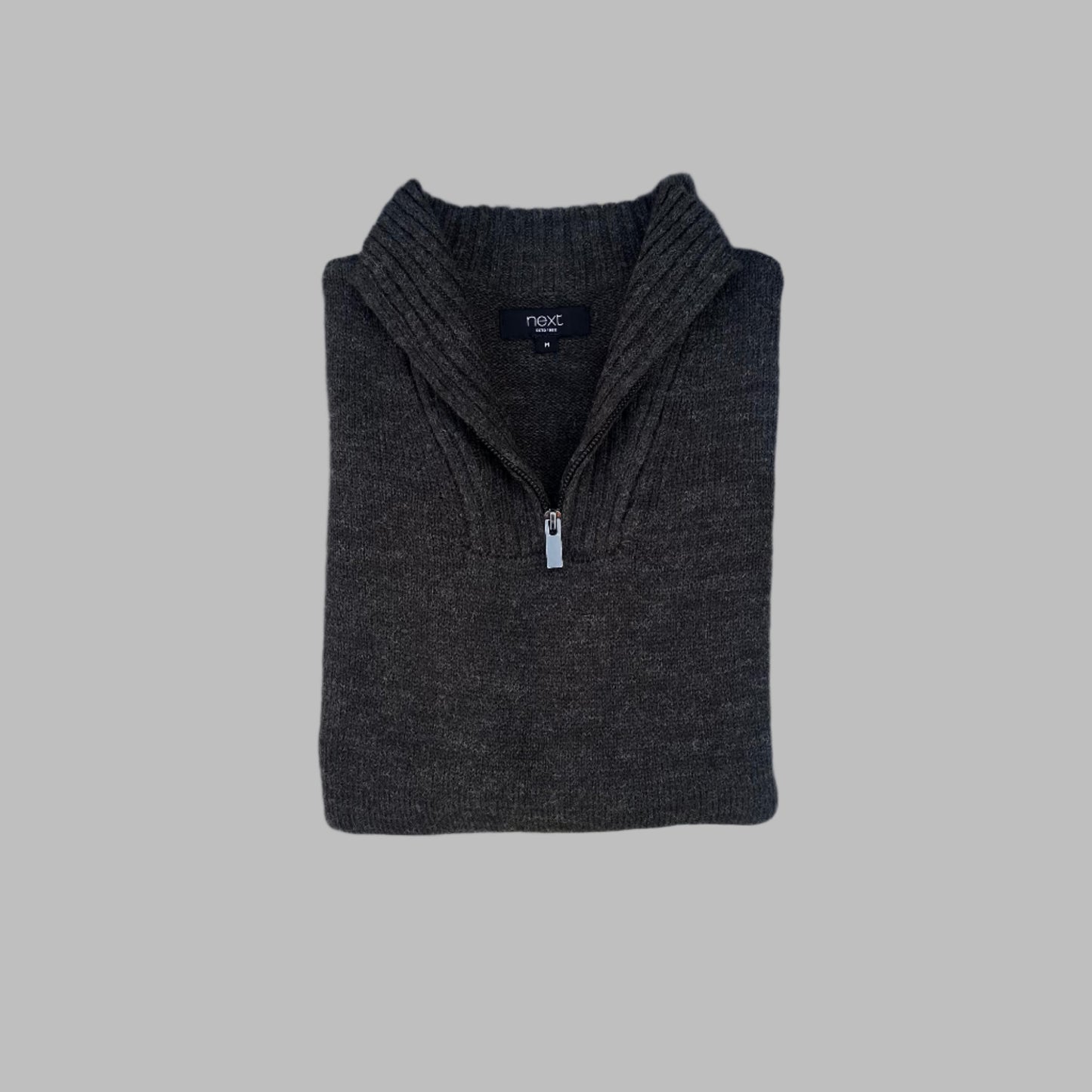 Dark Gray Knitted Full Sleeves Half Zipper Sweater