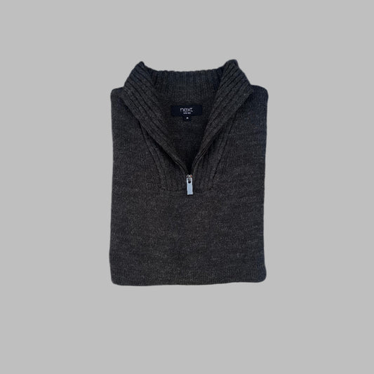 Dark Gray Knitted Full Sleeves Half Zipper Sweater