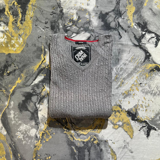 Grey Cable V-Neck Knitted Sweater