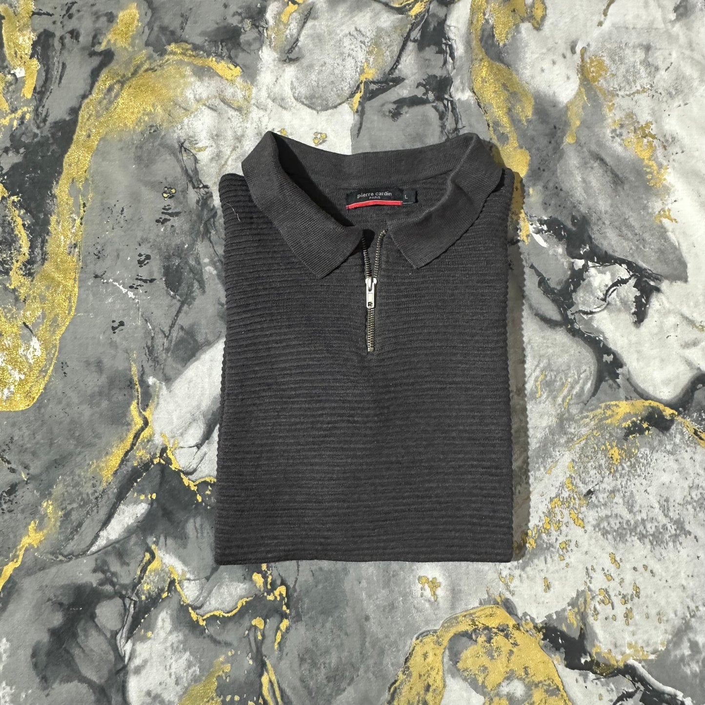 Pierre Cardin Gray Patterned Knitted Zipper Polo