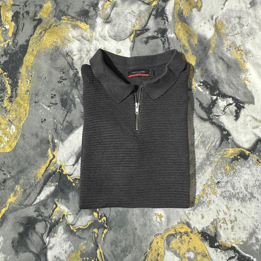 Pierre Cardin Gray Patterned Knitted Zipper Polo