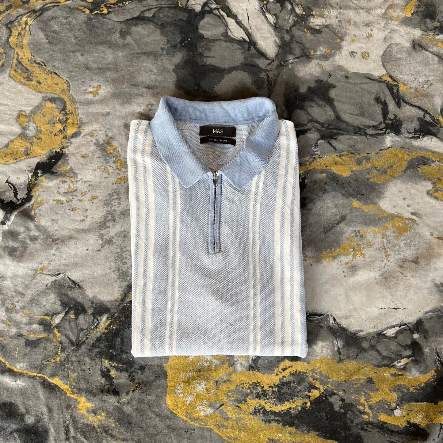 M&S Light Blue/White Stripes Knitted Zipper Polo