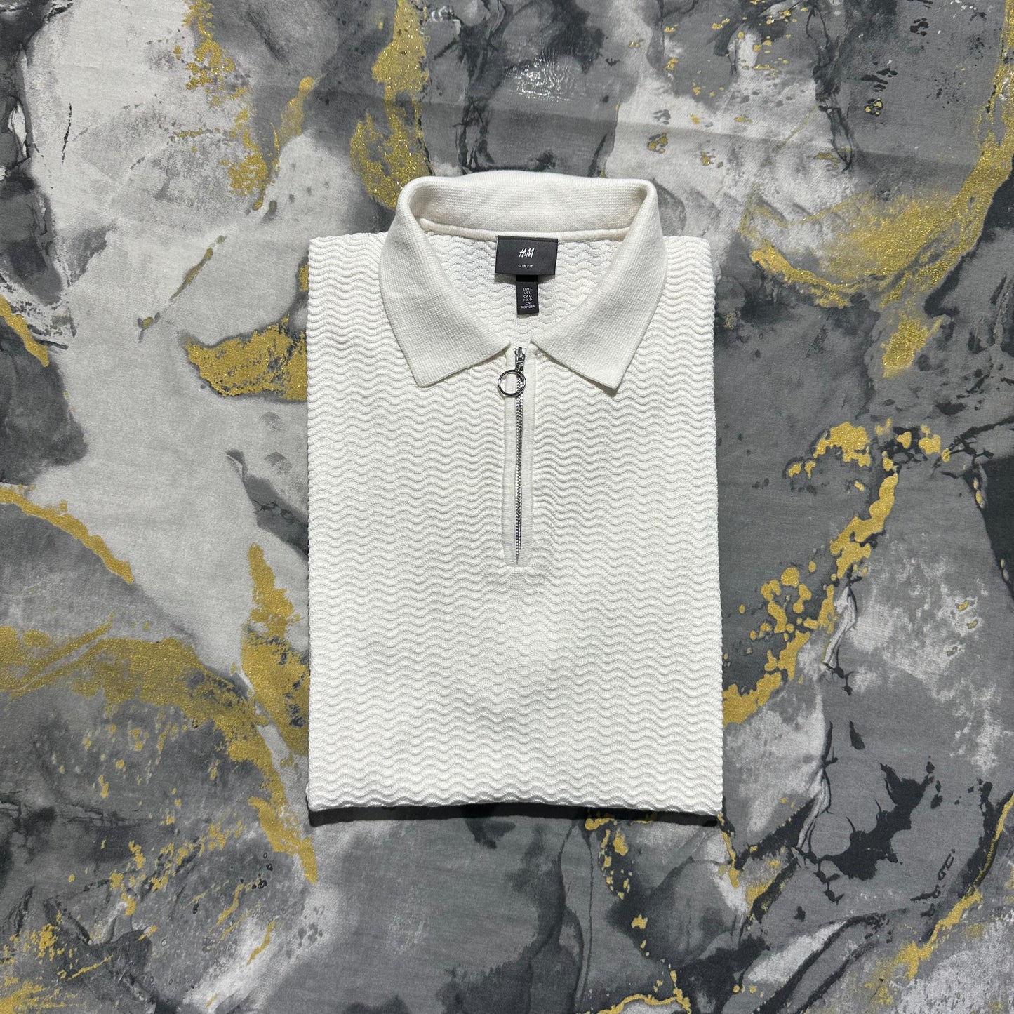 Pearl White Wavy Textured Knit Zipper Polo