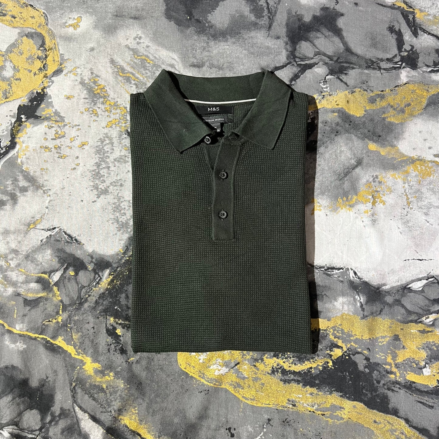 Military Green Waffle Knit Textured Knitted Polo