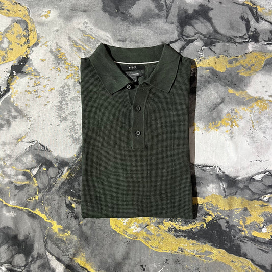 Military Green Waffle Knit Textured Knitted Polo