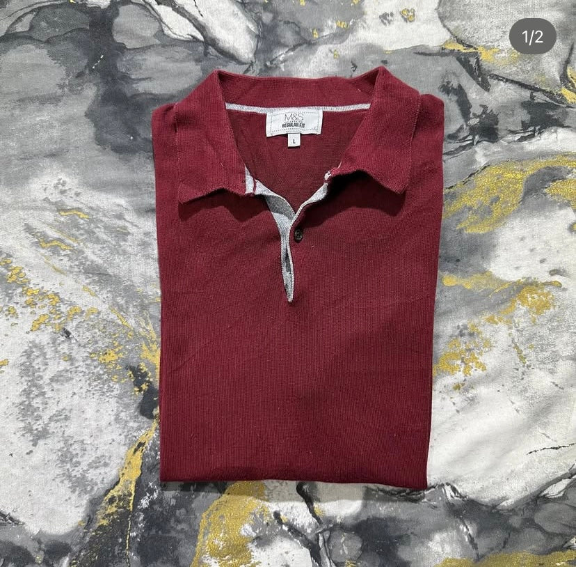 Wine Red Knitted Buttoned Cotton Polo
