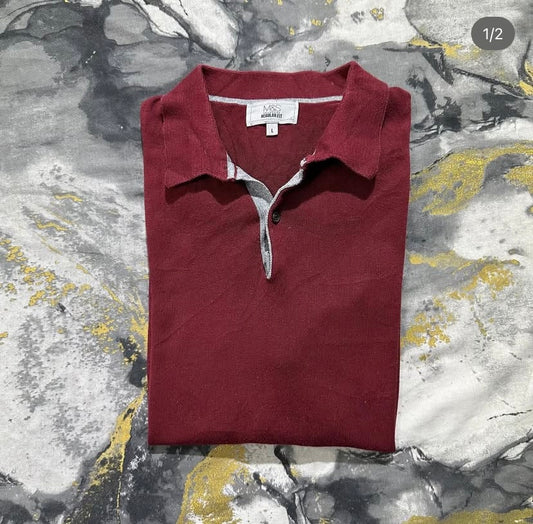 Wine Red Knitted Buttoned Cotton Polo