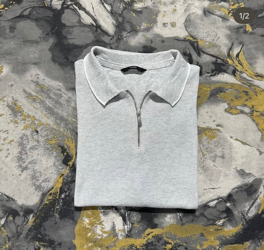 Grey Textured Knit Zipper Polo