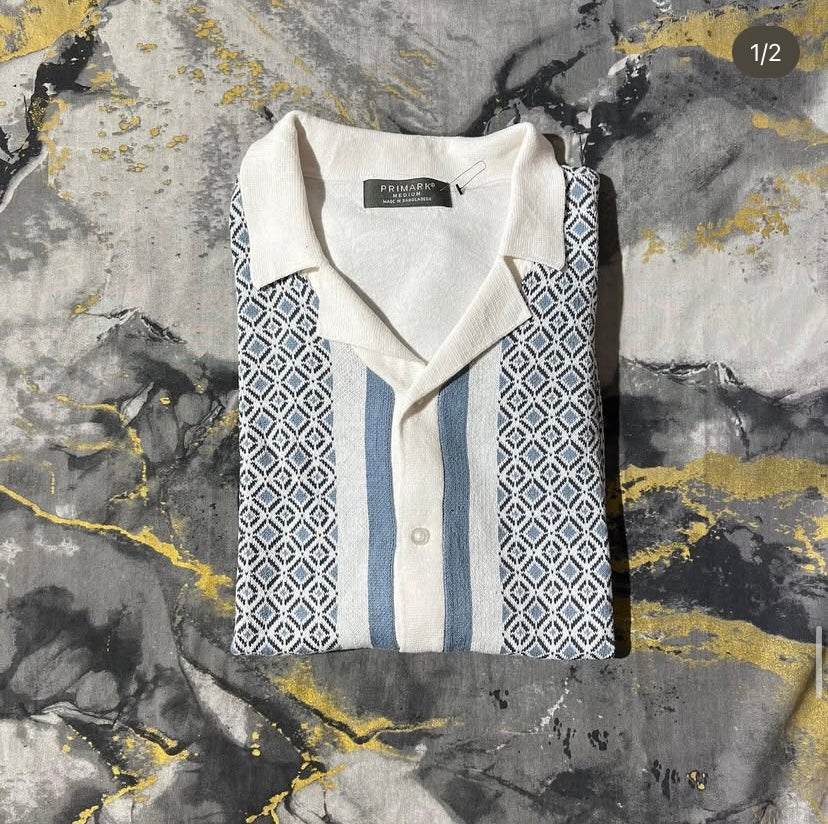 Blue-White Patterned Button Down Polo