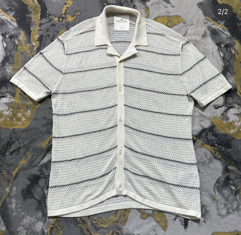 White Textured Button Down Polo
