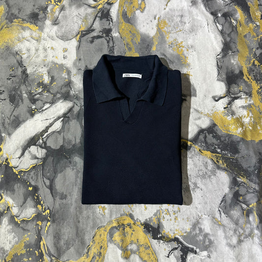 Zara Dark Blue Waffle Knit Busan Collar Polo