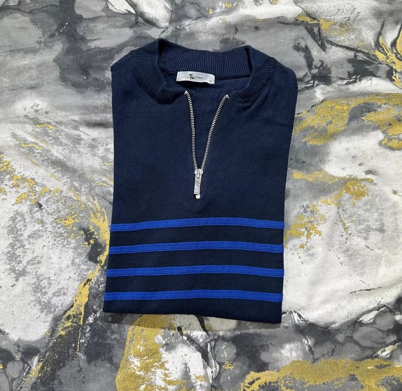 Ban Collar Navy-Blue Zipper Half Sleeves Polo