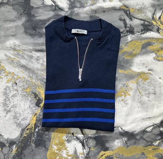 Ban Collar Navy-Blue Zipper Half Sleeves Polo