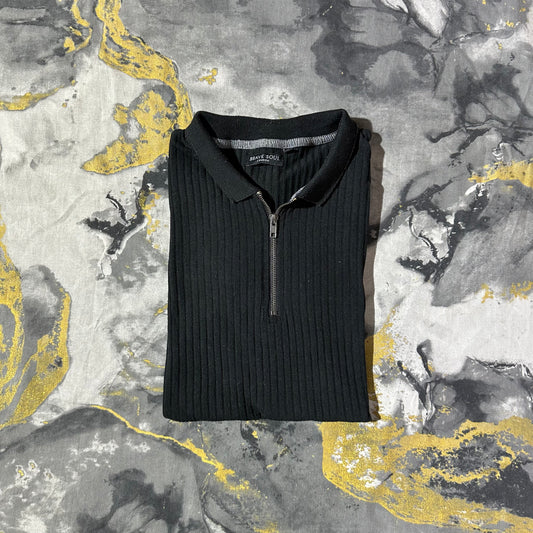 Black Ribbed Textured Polo