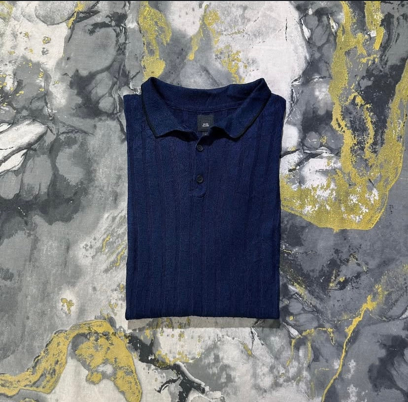 Navy-Blue Ribbed Silk Cotton Knitted Polo