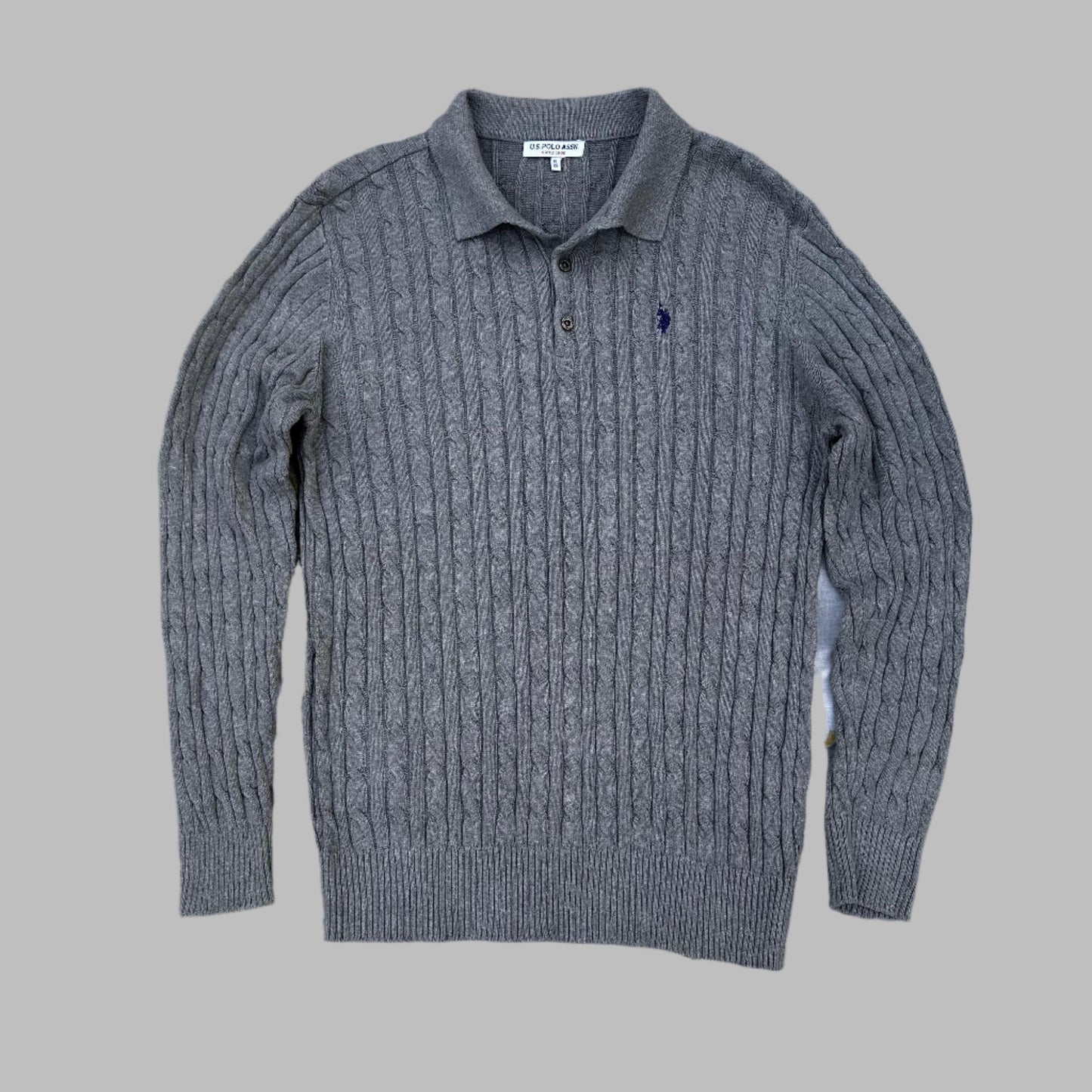 Large Gray U.S. Polo Association Cable Knit Collar Sweater