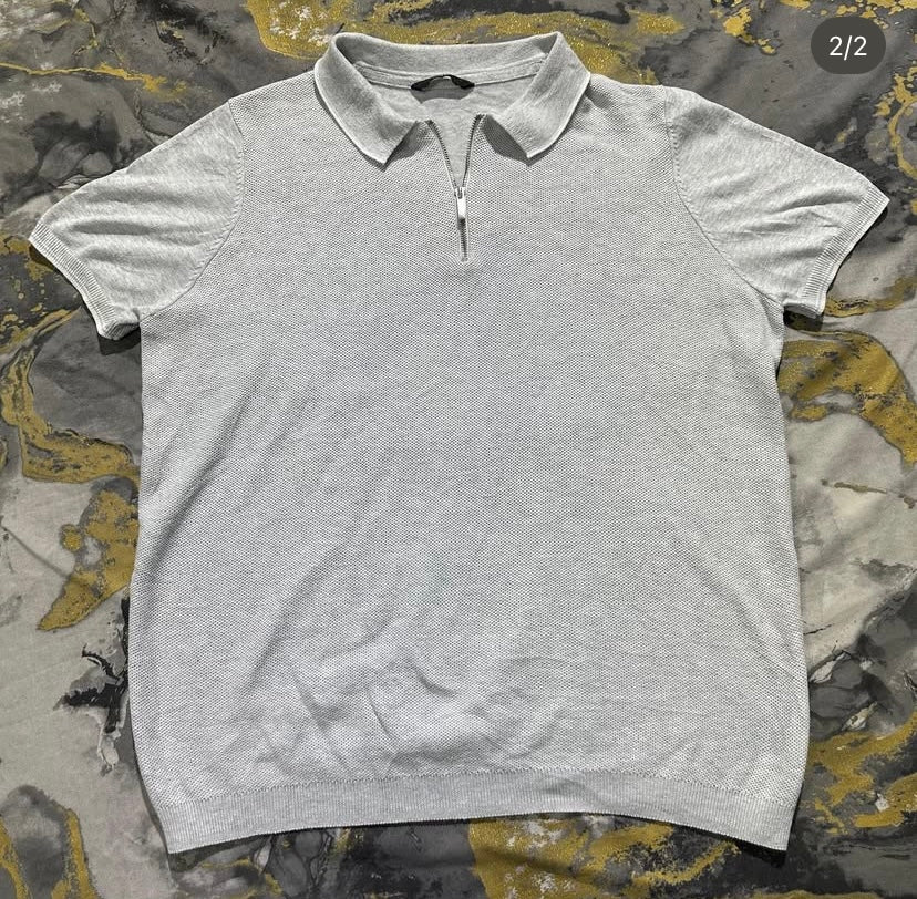 Grey Textured Knit Zipper Polo